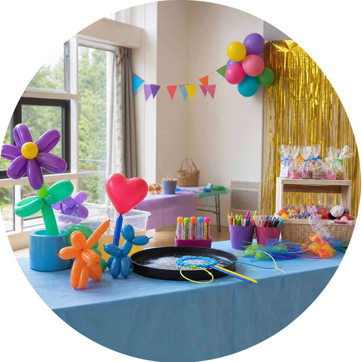A colourful birthday-party activity station